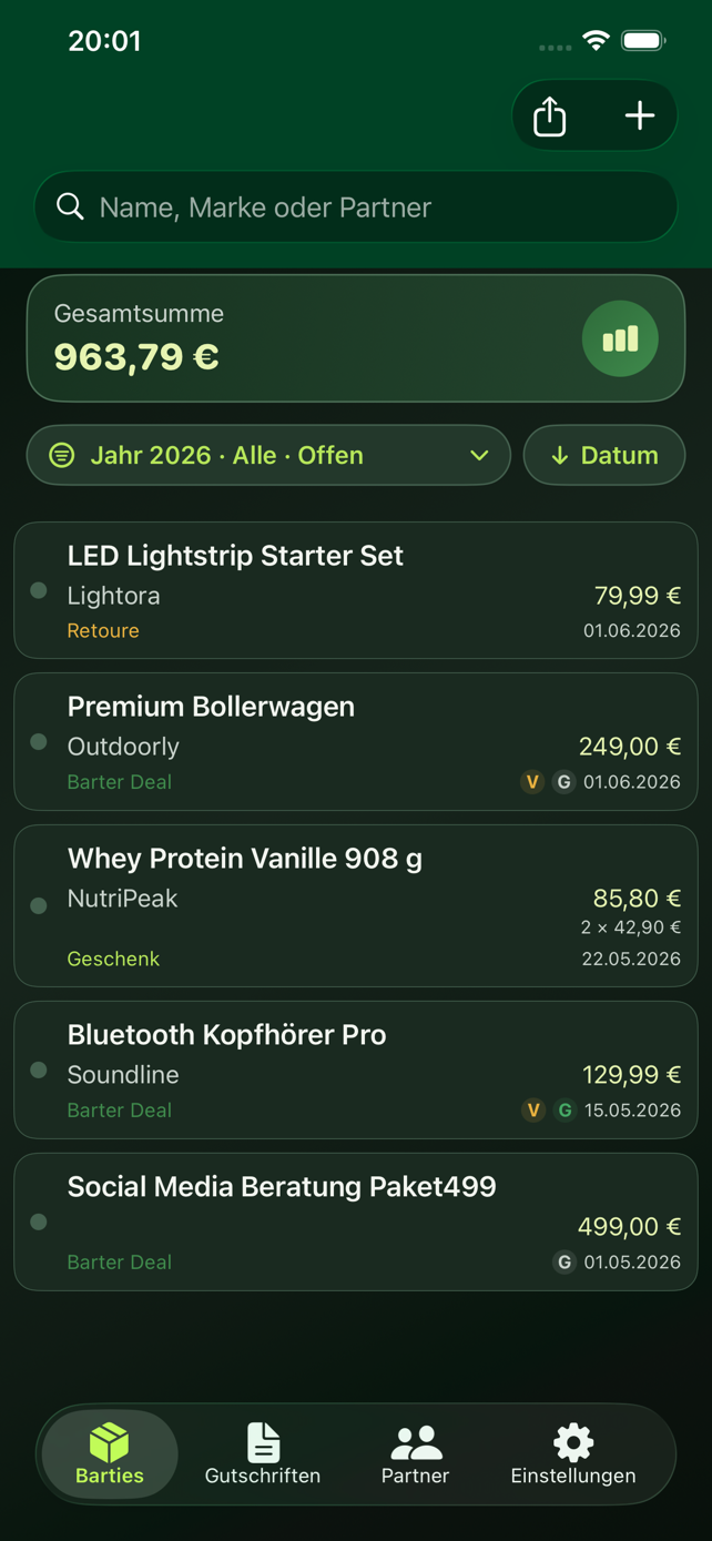 Barties-Übersicht in BarterGame
