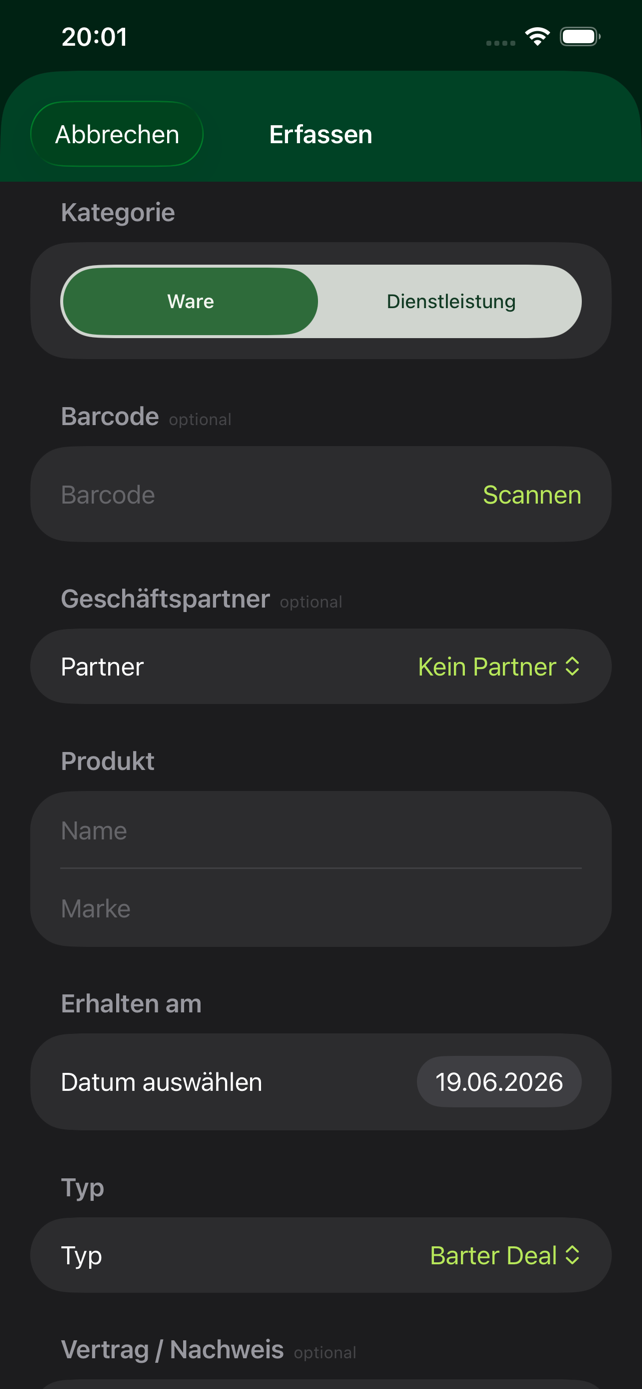Erfassung eines neuen Barties